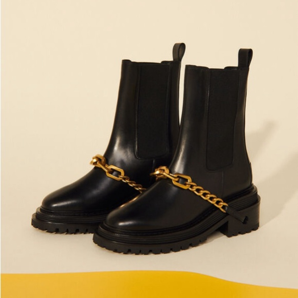 Sandro Craig Gold Chain black leather pull on biker boots